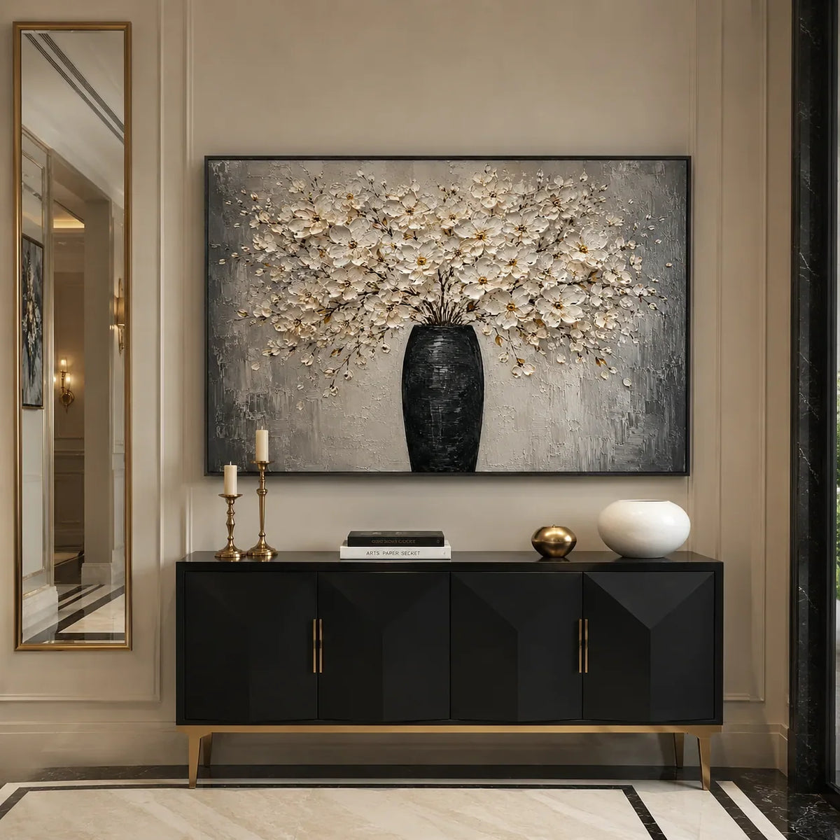 Ivory Bloom Vase Wall Art styled in a contemporary entryway | Olyrel