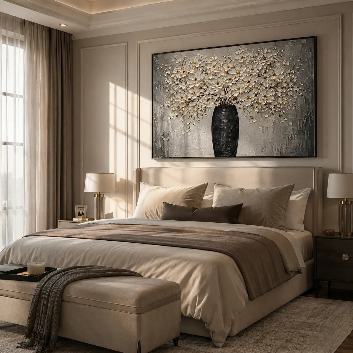 Ivory Bloom Vase Wall Art shown in a calm bedroom setting | Olyrel