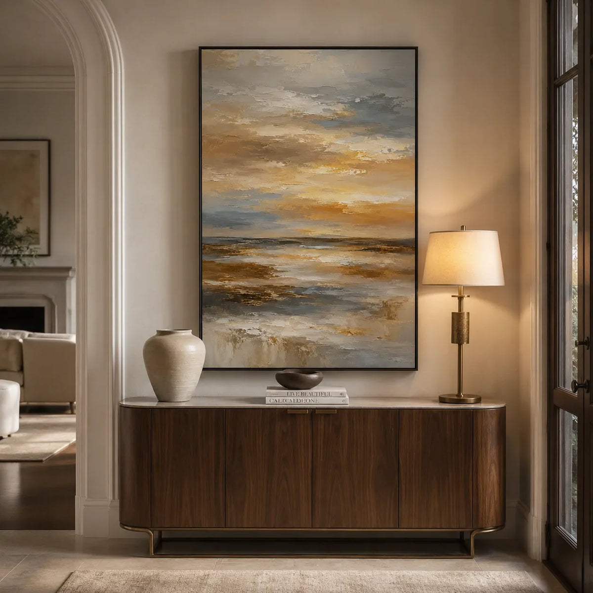 Amber Sky Coastal Wall Art styled in a modern living room | Olyrel
