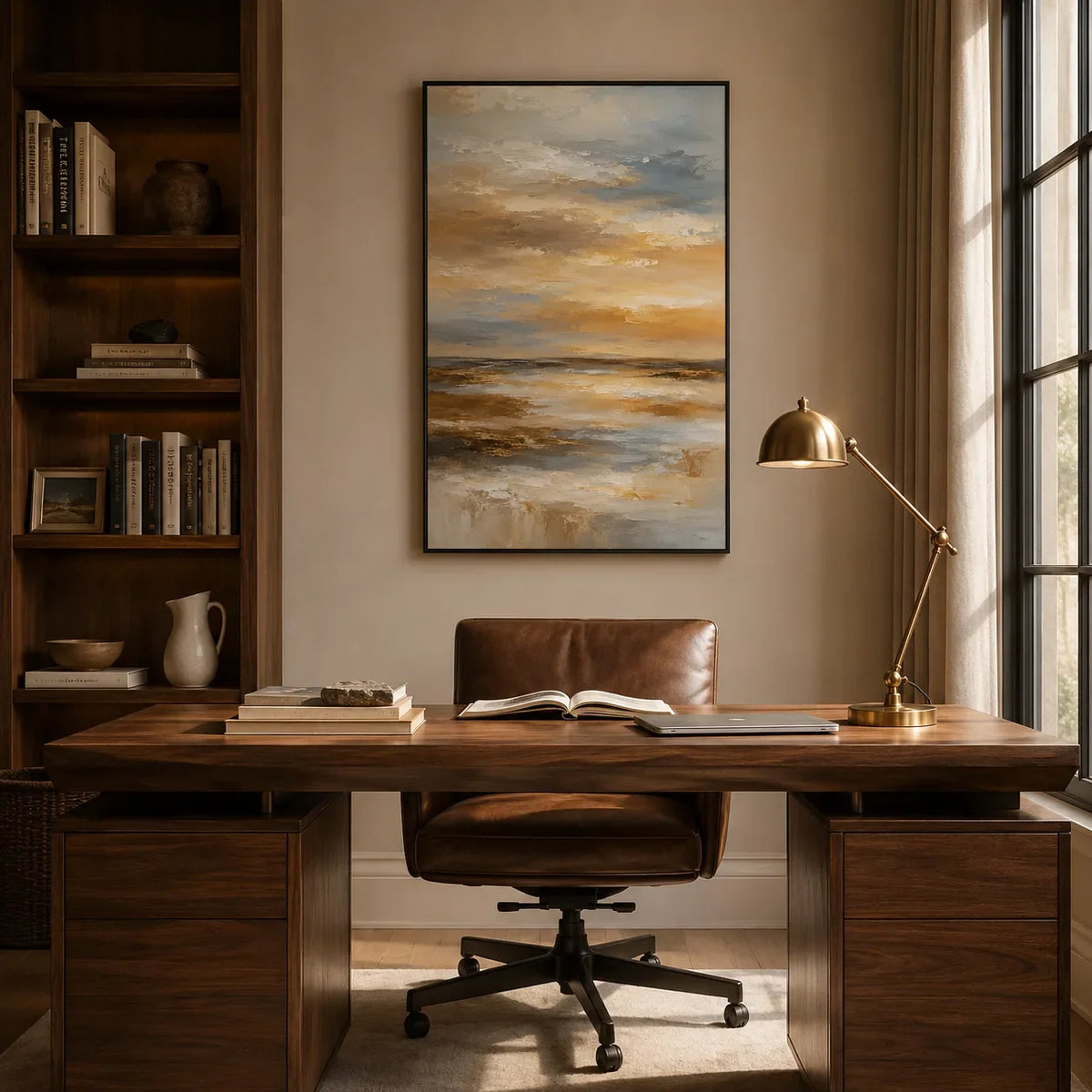 Amber Sky Coastal Wall Art shown in a quiet home office | Olyrel