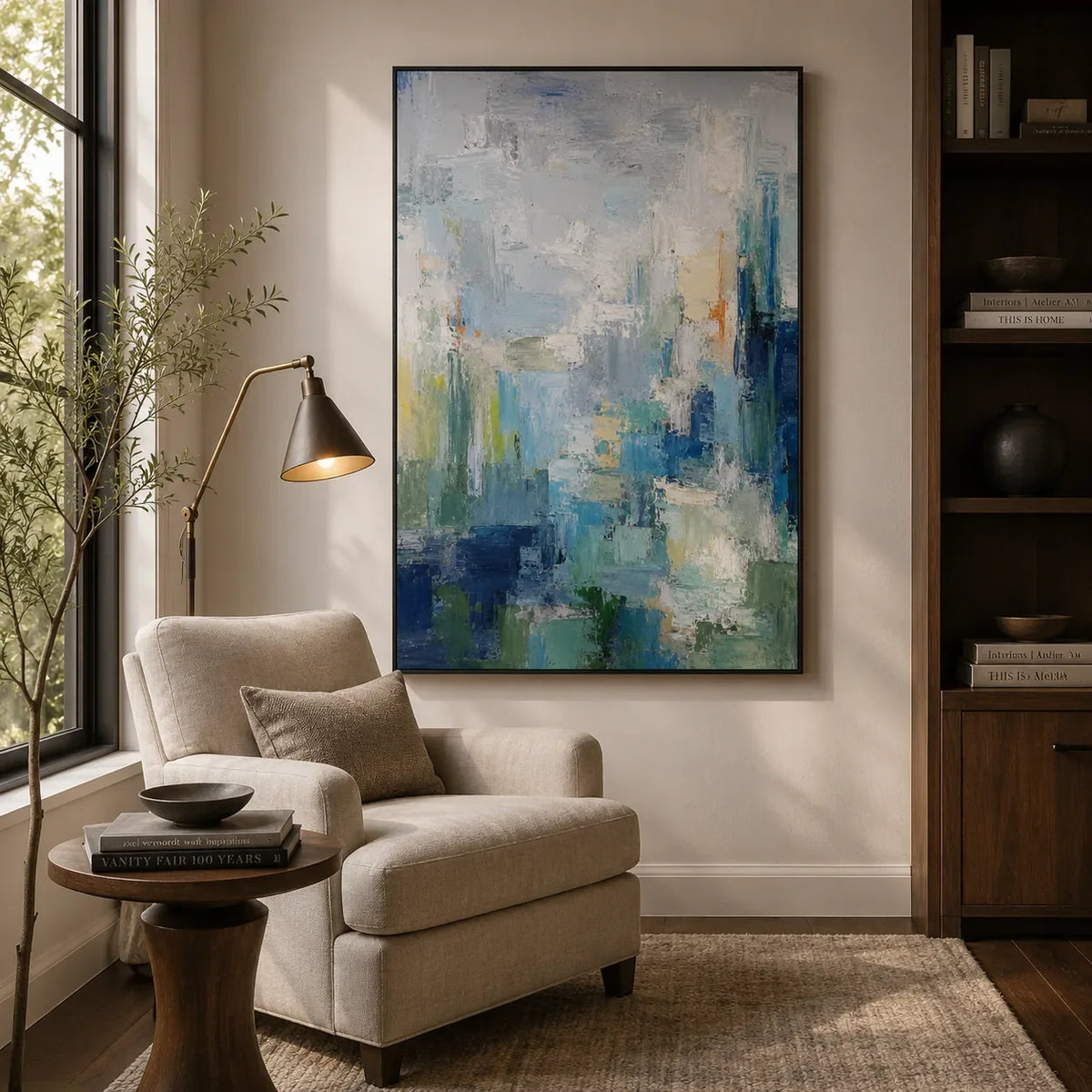 Mist Cityscape Abstract Wall Art shown in a calm bedroom setting | Olyrel
