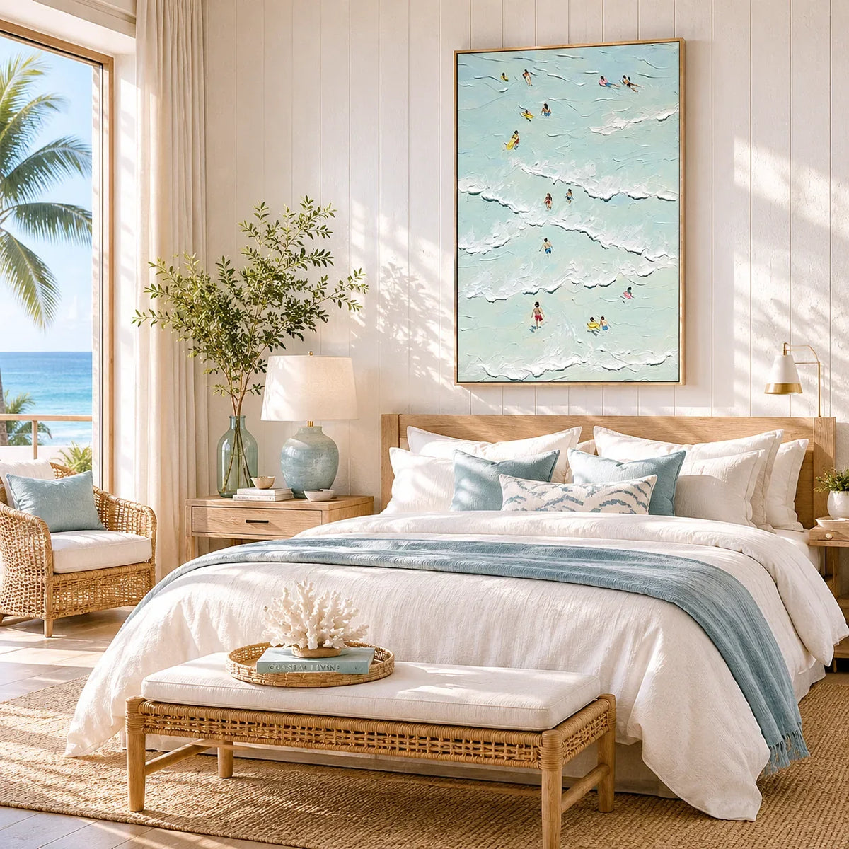 Aqua Swimmers Coastal Wall Art styled in a modern living room | Olyrel