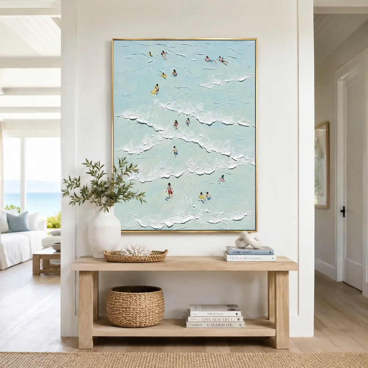 Aqua Swimmers Coastal Wall Art styled with minimal interior decor | Olyrel