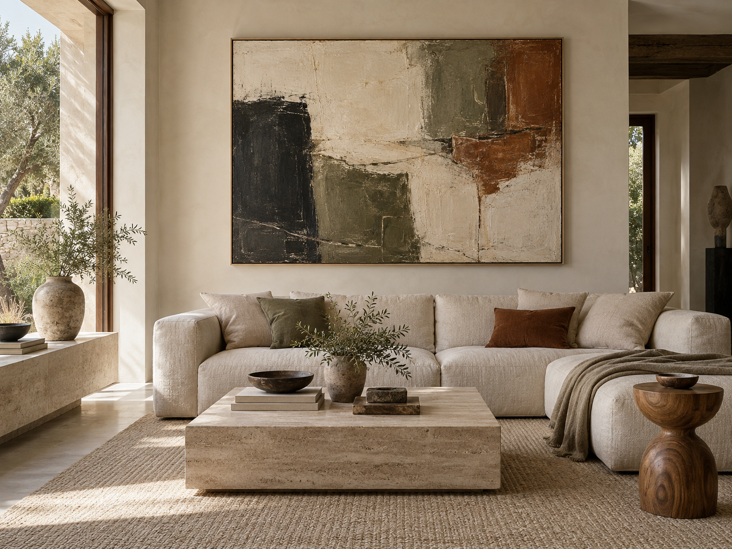 Large framed abstract oil painting styled in a calm neutral living room