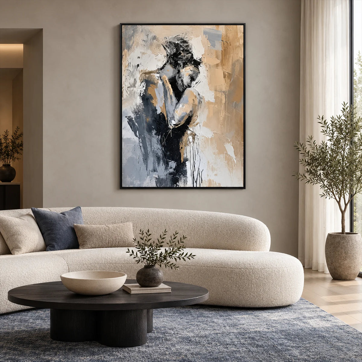 Gilded Muse framed portrait above a sofa in a light neutral living room