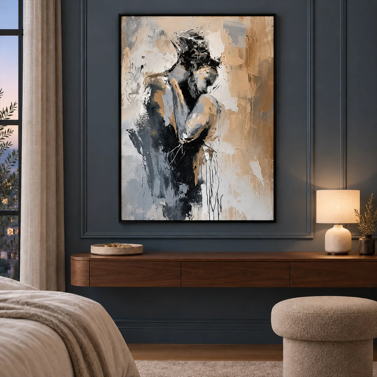 Gilded Muse framed portrait on a dark accent wall in a modern bedroom
