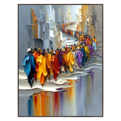 City parade wall art in a dark frame, showing colorful figures and gray city buildings against a black background.