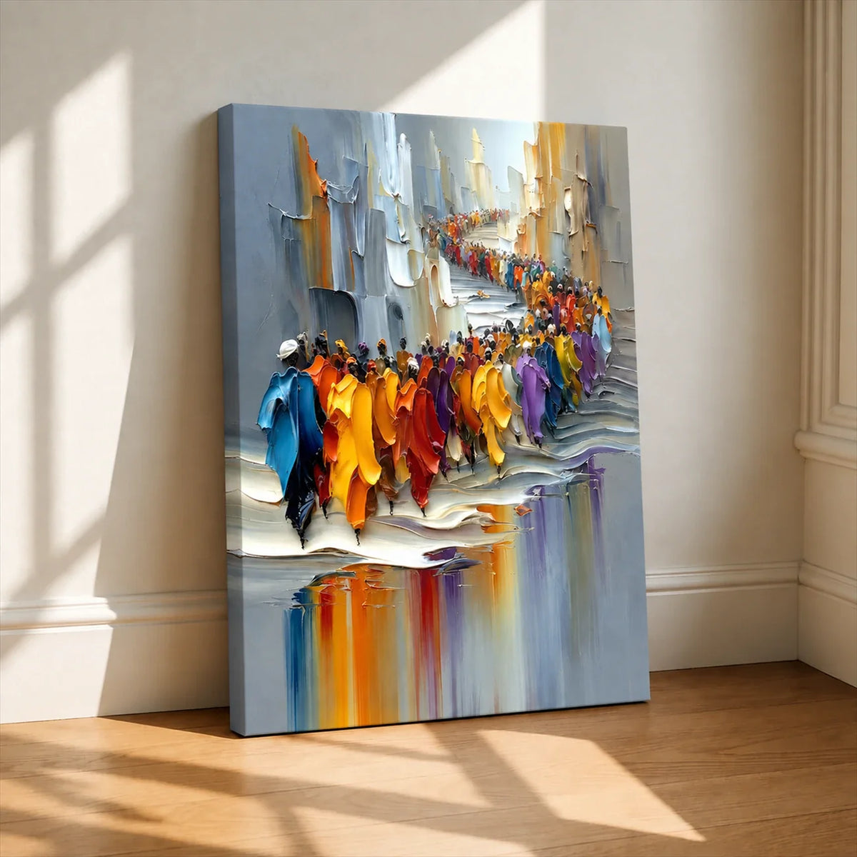 City parade artwork on a canvas leaning against a cream wall on a wooden floor in warm sunlight.