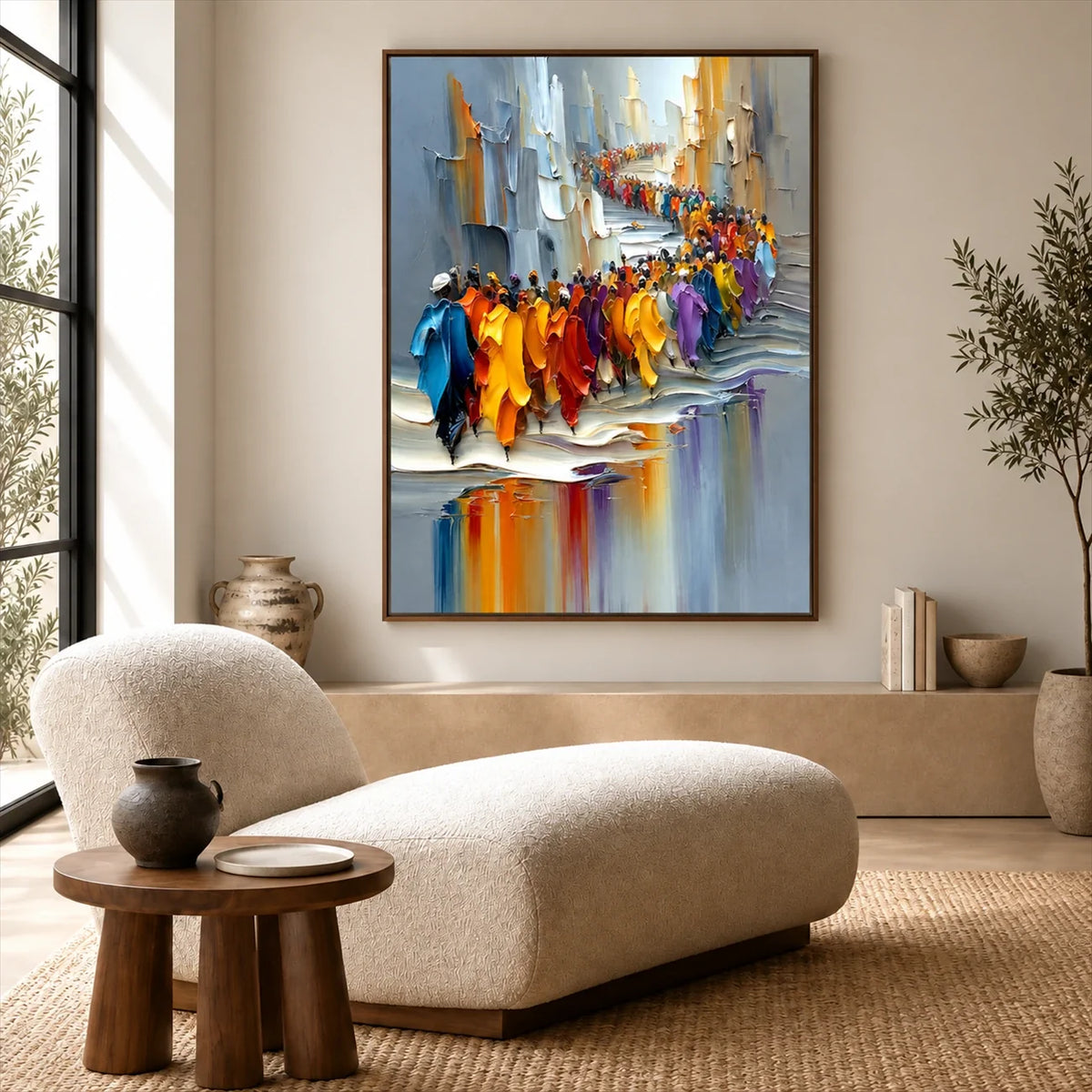 Framed city parade wall art above a curved cream sofa in a neutral living room with a tall window.