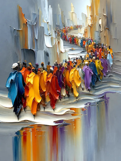 Colorful city parade wall art with blue, yellow and orange figures, gray buildings and street reflections.