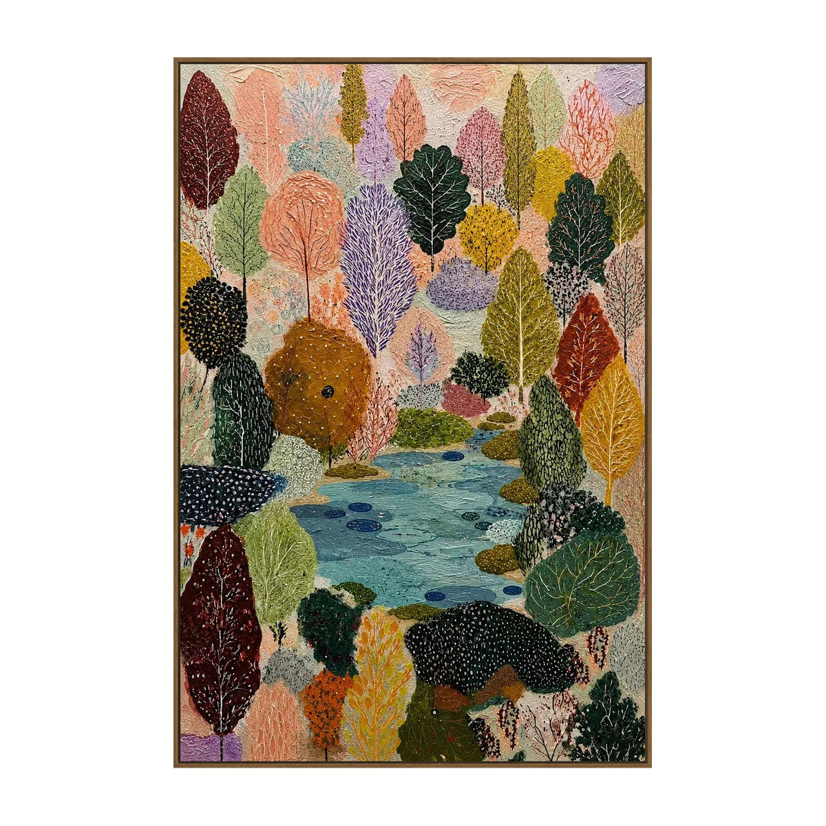 Woodland Stream Tapestry Wall Art — full artwork in a natural wood frame
