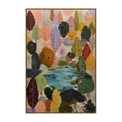 Woodland Stream Tapestry Wall Art — full artwork in a natural wood frame