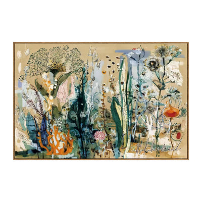 Meadow Stems in Ochre Wall Art — full artwork in a natural wood frame