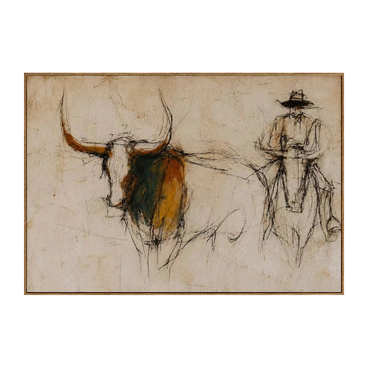 Longhorn Trail Sketch Wall Art — full artwork in a natural wood frame