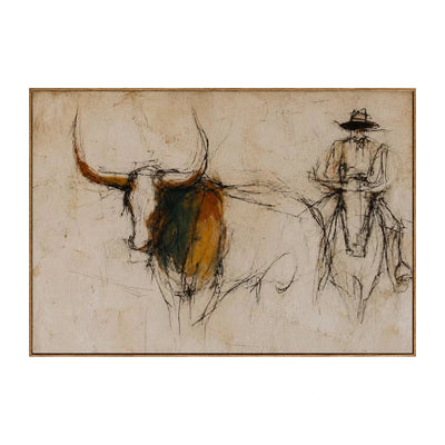 Longhorn Trail Sketch Wall Art — full artwork in a natural wood frame