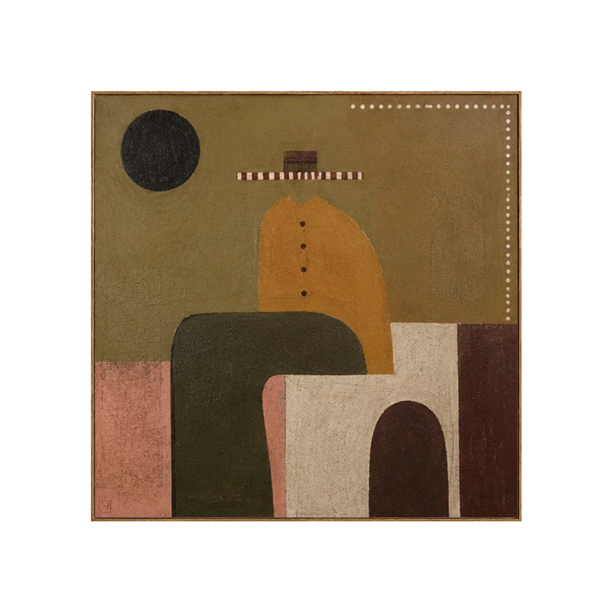 Ochre Moon Seat Wall Art — full artwork in a natural wood frame