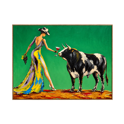 Green Field Bull and Grape Wall Art — full artwork in a natural wood frame
