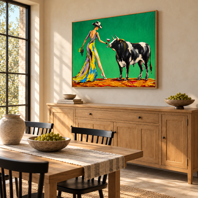 Green Field Bull and Grape Wall Art — interior room setting 1