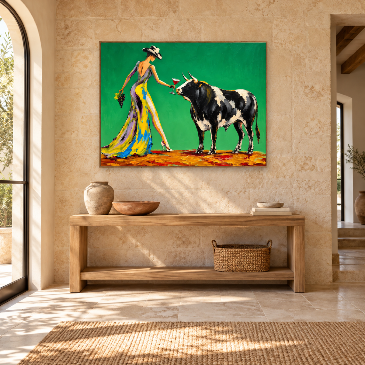 Green Field Bull and Grape Wall Art — interior room setting 3
