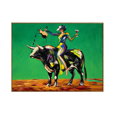 Bull Rider with a Raised Glass Wall Art — full artwork in a natural wood frame
