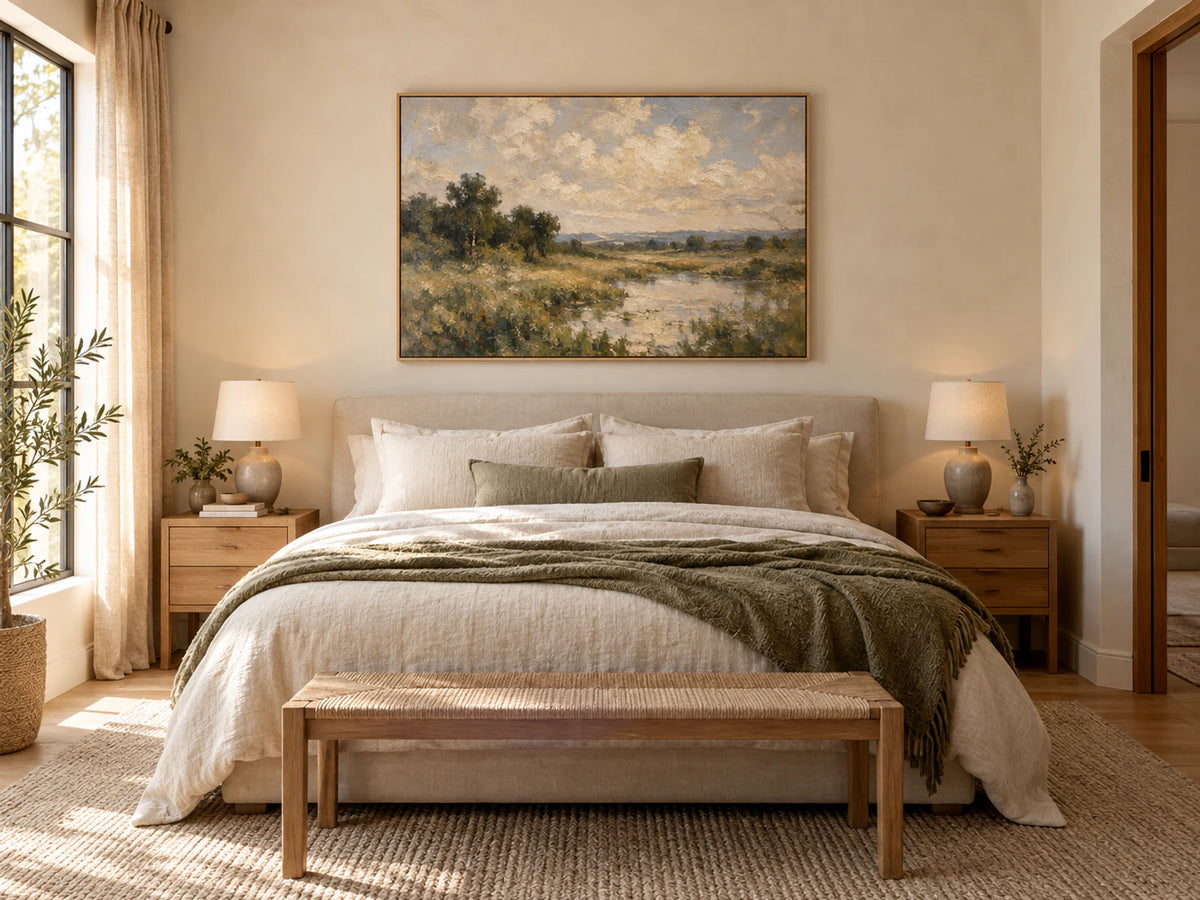 Modern bedroom interior featuring a hand-painted wall artwork