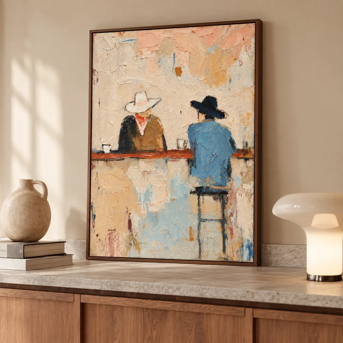 Quiet Saloon Cowboys Textured Wall Art styled on a wood cabinet | Olyrel