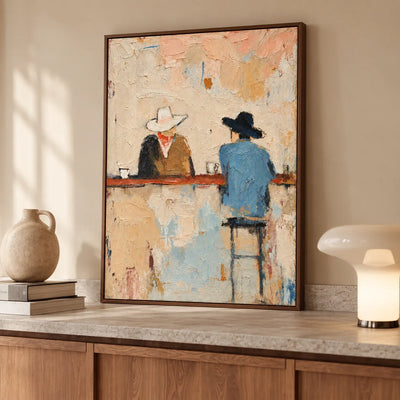Quiet Saloon Cowboys Textured Wall Art styled on a wood cabinet | Olyrel