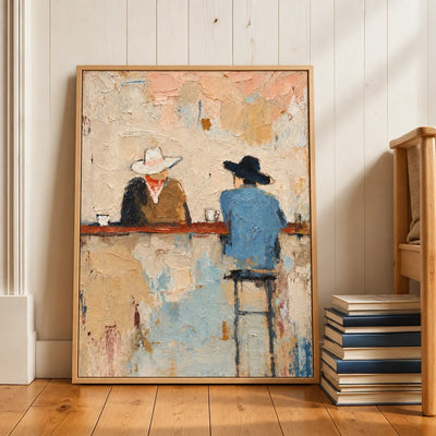 Quiet Saloon Cowboys Textured Wall Art in a wood frame beside books | Olyrel