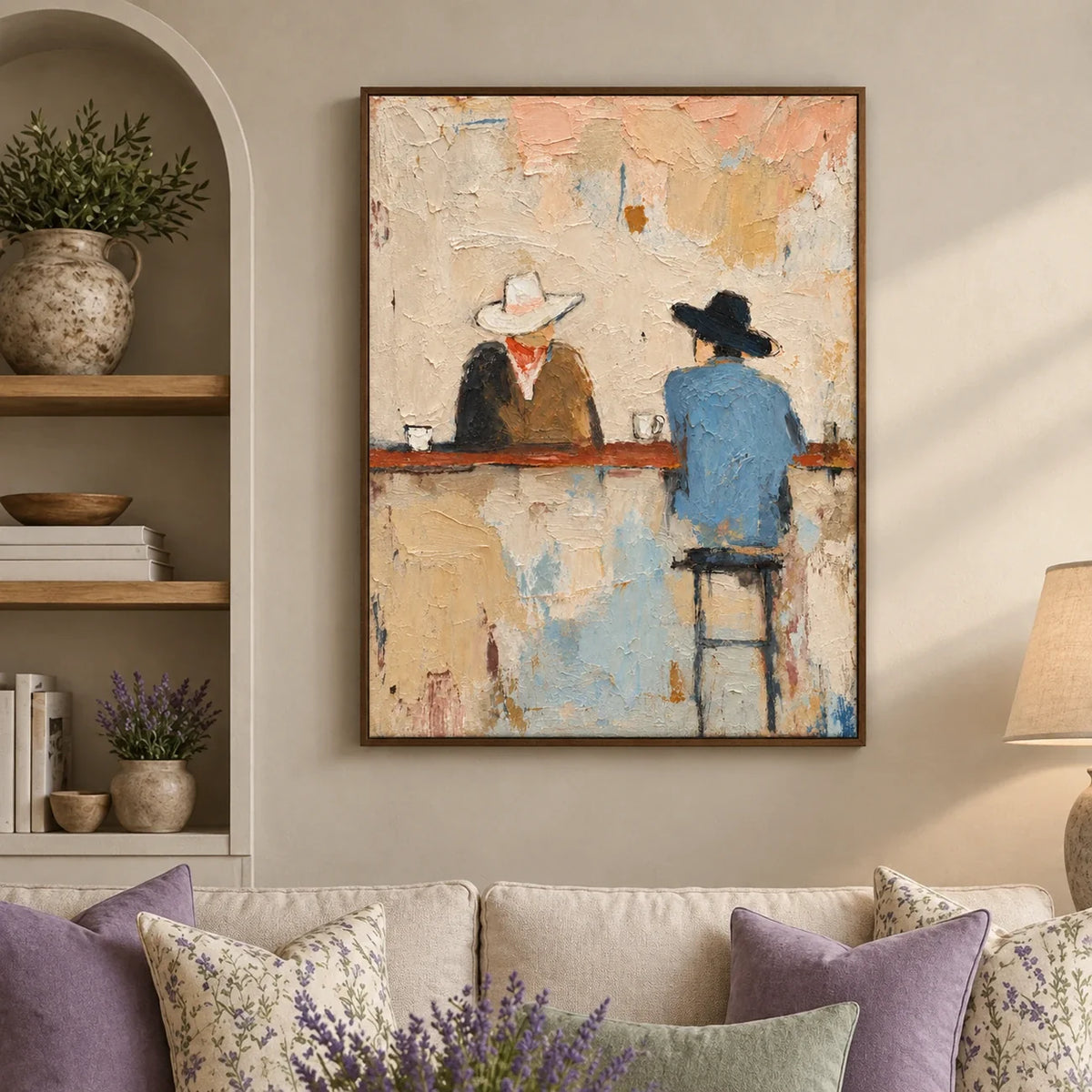 Quiet Saloon Cowboys Textured Wall Art above a sofa in a warm living room | Olyrel