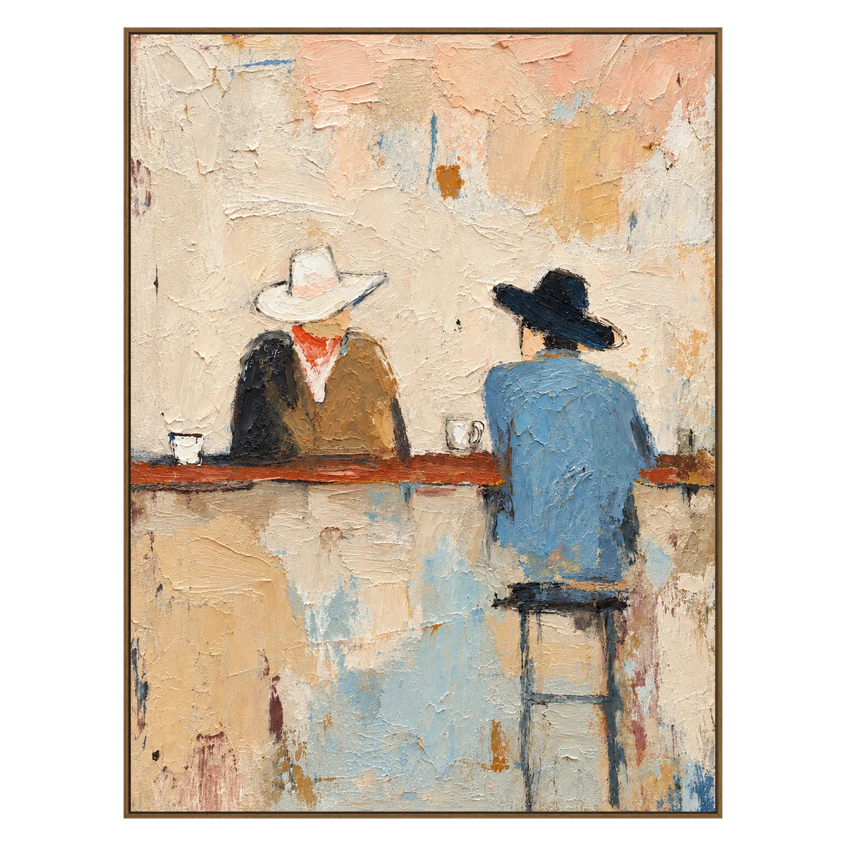 Quiet Saloon Cowboys Textured Wall Art in a natural wood frame | Olyrel