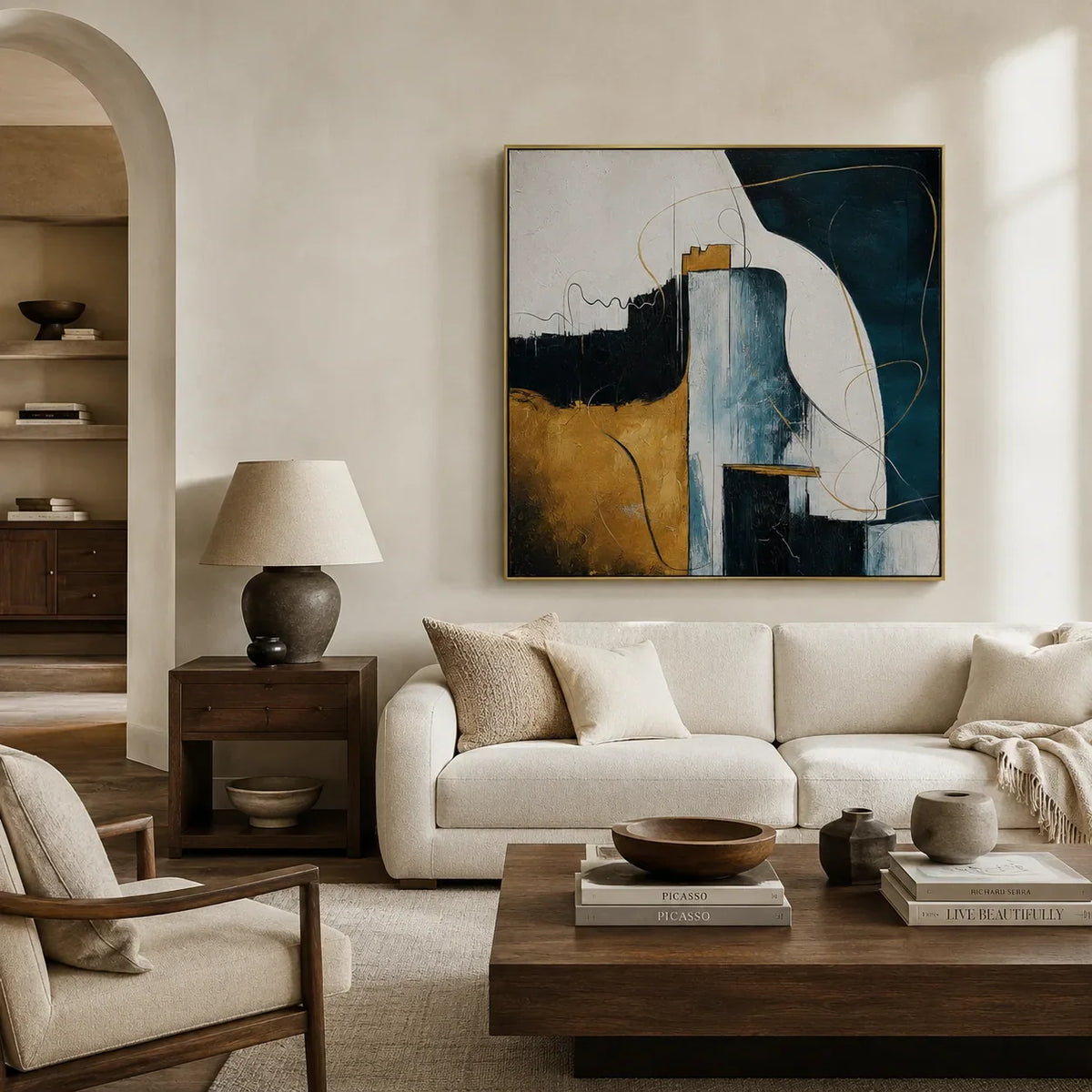 Gilded Current Abstract Wall Art displayed above a sofa in a neutral interior | Olyrel