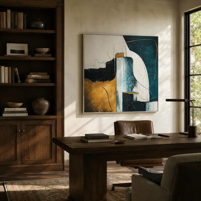 Gilded Current Abstract Wall Art shown in a quiet home office | Olyrel