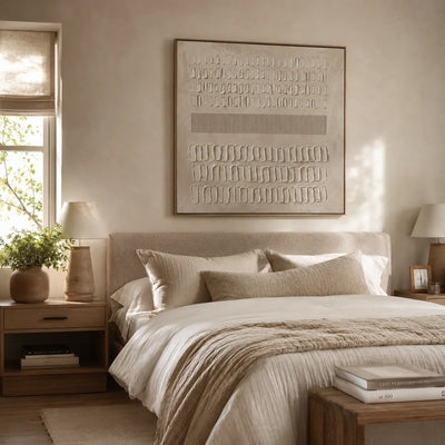 Quiet Marks Textured Wall Art shown in a calm bedroom setting | Olyrel