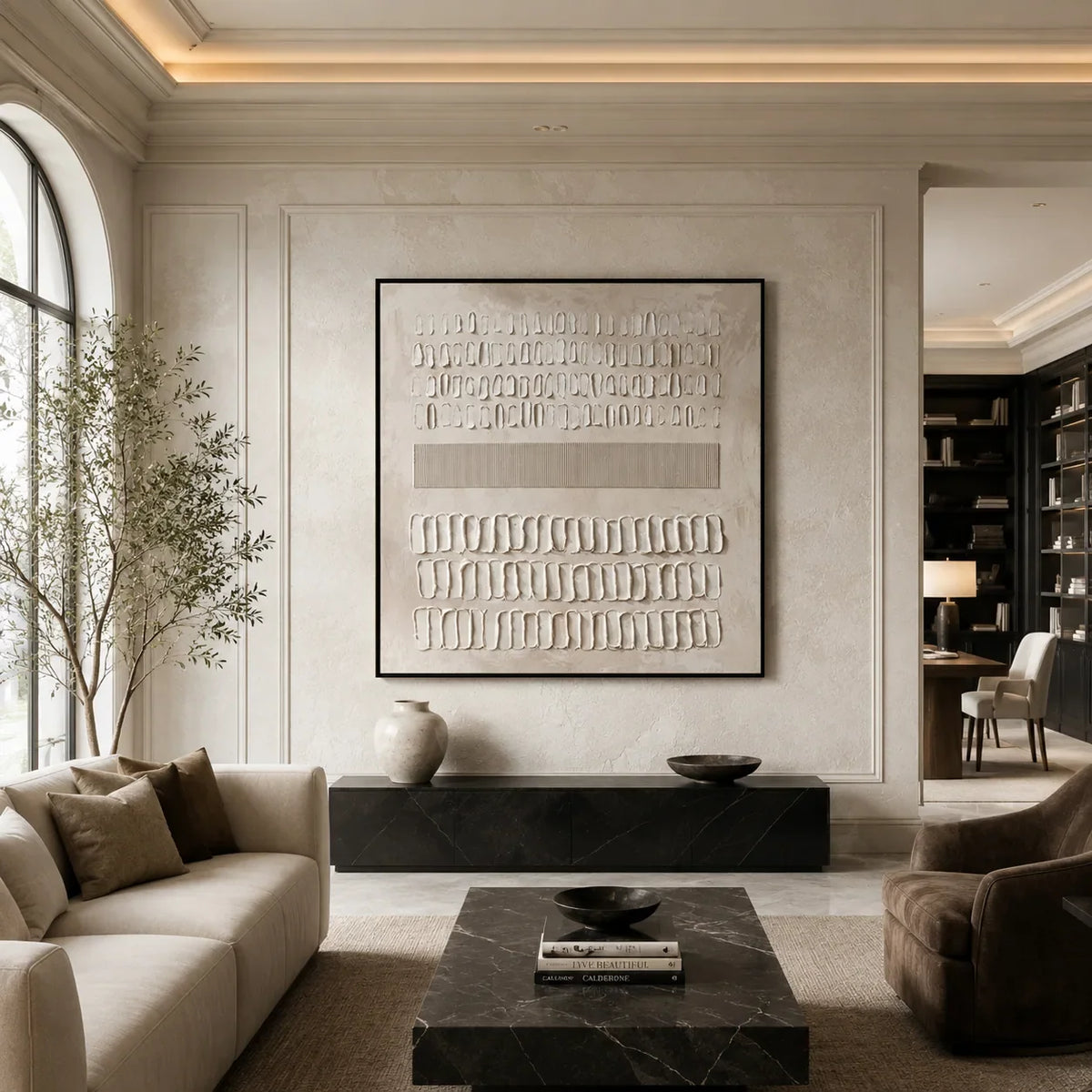 Quiet Marks Textured Wall Art shown in a warm residential interior | Olyrel