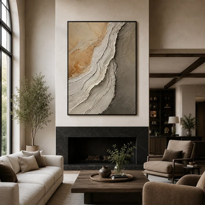 Stone Drift Textured Wall Art displayed above a sofa in a neutral interior | Olyrel