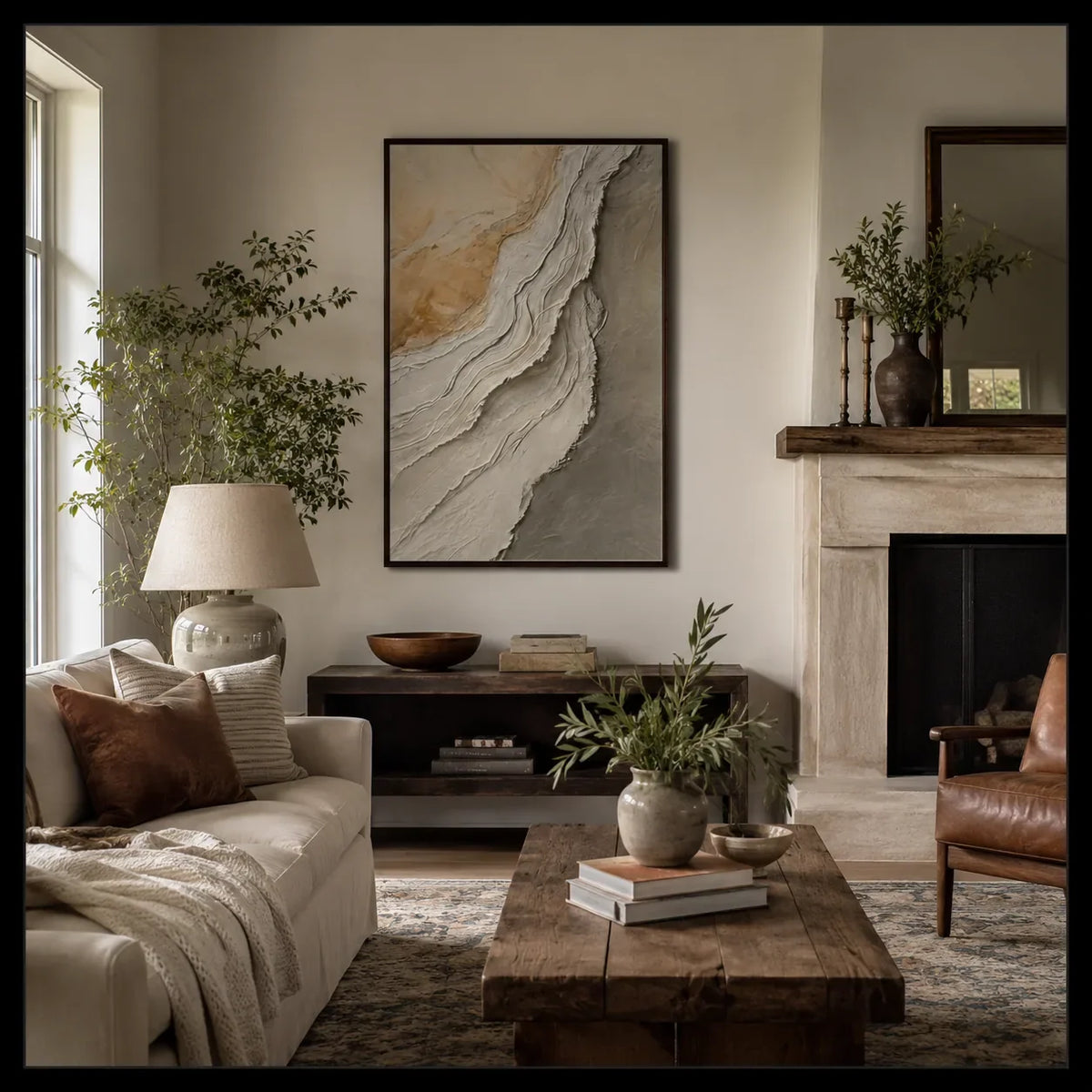 Stone Drift Textured Wall Art shown in a calm bedroom setting | Olyrel
