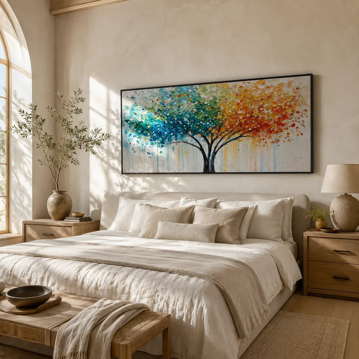 Rainbow Canopy Tree Wall Art styled in a modern living room | Olyrel