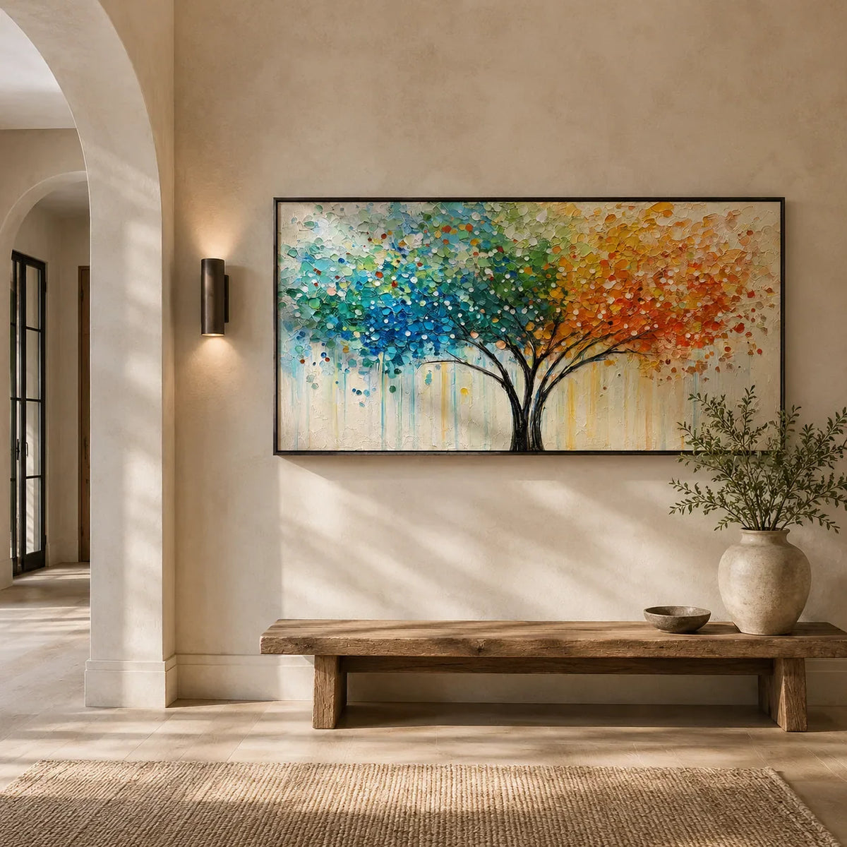Rainbow Canopy Tree Wall Art displayed above a sofa in a neutral interior | Olyrel