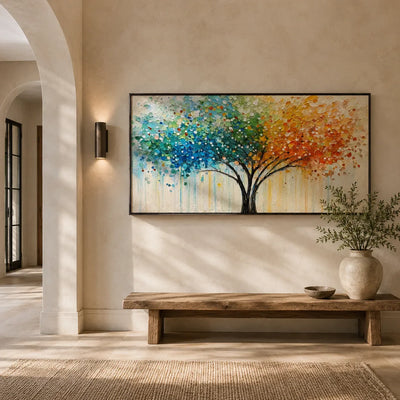 Rainbow Canopy Tree Wall Art displayed above a sofa in a neutral interior | Olyrel
