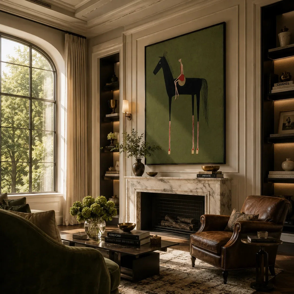 Folk Rider Horse Wall Art styled in a modern living room | Olyrel