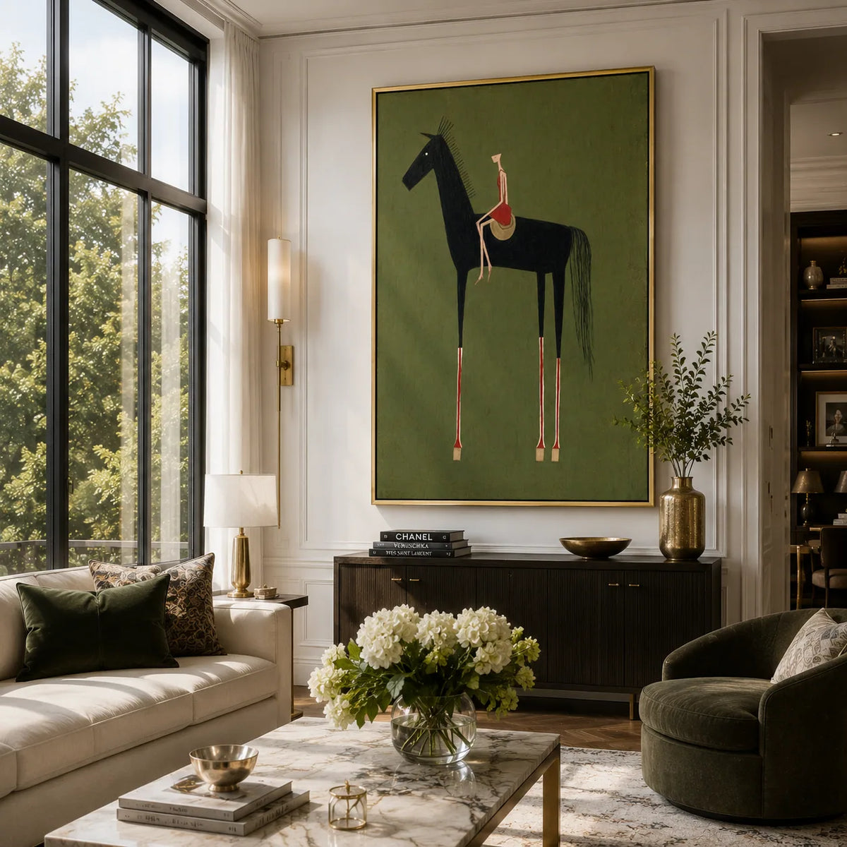 Folk Rider Horse Wall Art displayed above a sofa in a neutral interior | Olyrel