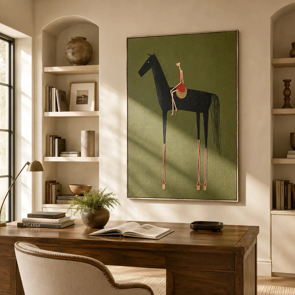 Folk Rider Horse Wall Art shown in a quiet home office | Olyrel