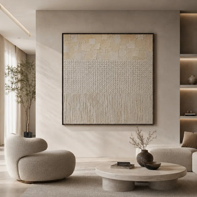 Ivory Grid Textured Wall Art styled in a modern living room | Olyrel