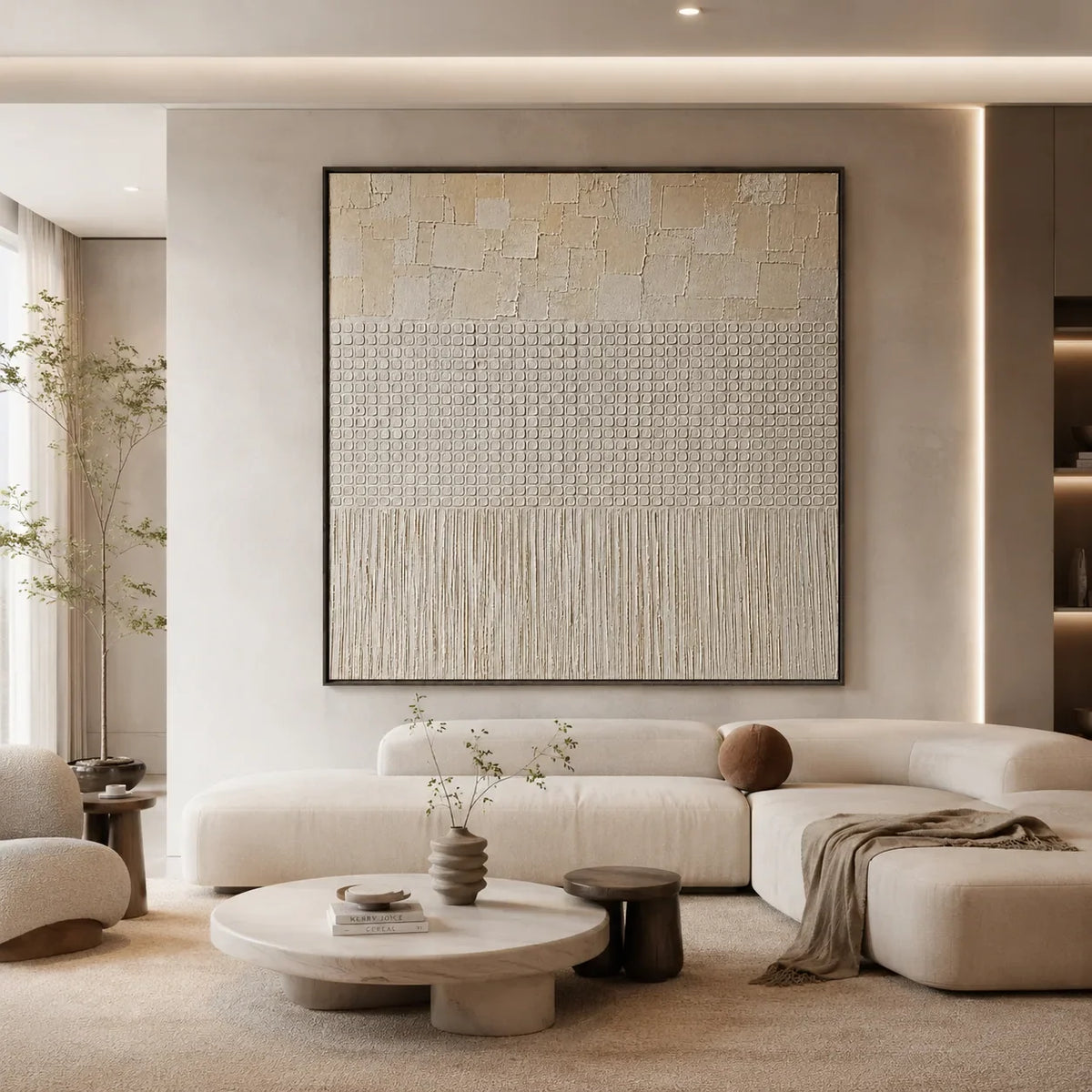 Ivory Grid Textured Wall Art displayed above a sofa in a neutral interior | Olyrel