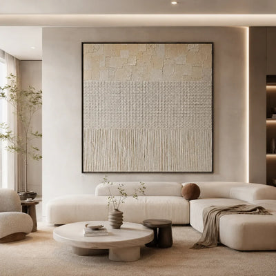 Ivory Grid Textured Wall Art displayed above a sofa in a neutral interior | Olyrel