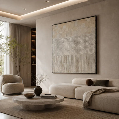Ivory Grid Textured Wall Art styled in a modern living room | Olyrel