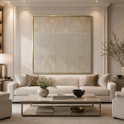 Ivory Grid Textured Wall Art styled in a contemporary entryway | Olyrel