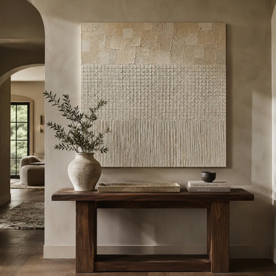Ivory Grid Textured Wall Art shown in a quiet home office | Olyrel