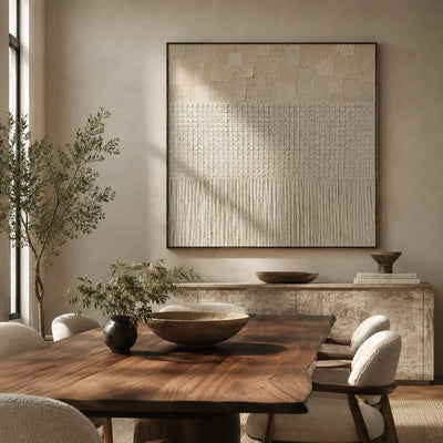 Ivory Grid Textured Wall Art styled with minimal interior decor | Olyrel