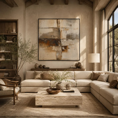 Rust Horizon Abstract Wall Art styled in a modern living room | Olyrel
